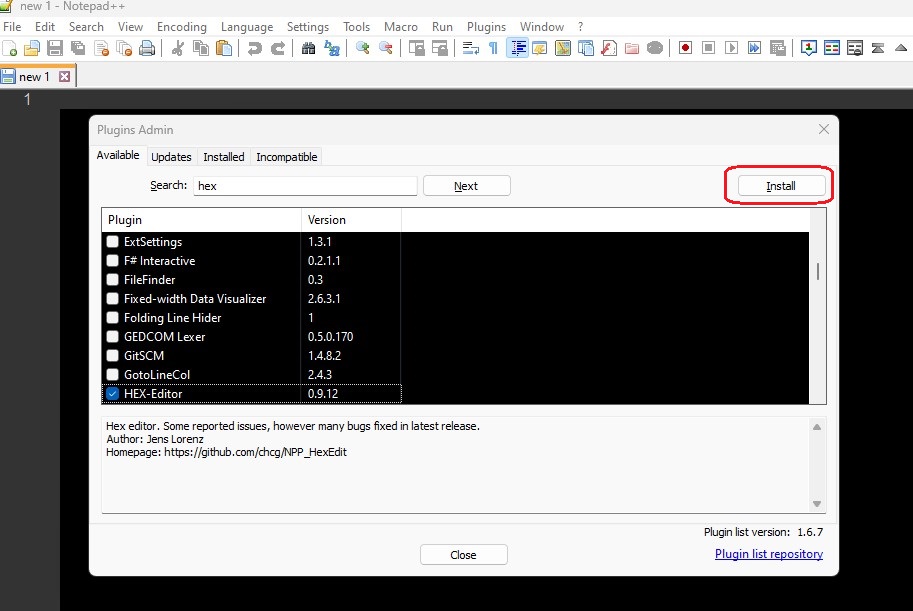 notepad++ hex editor installation start