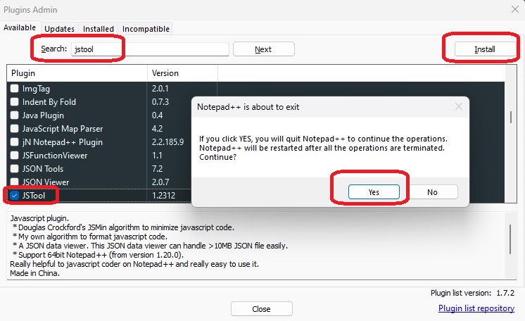 Notepad++ JsTool_plugin install