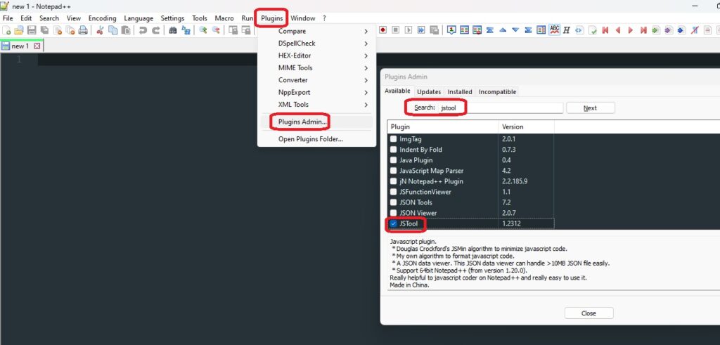 Notepad++ JsTool_plugin selection